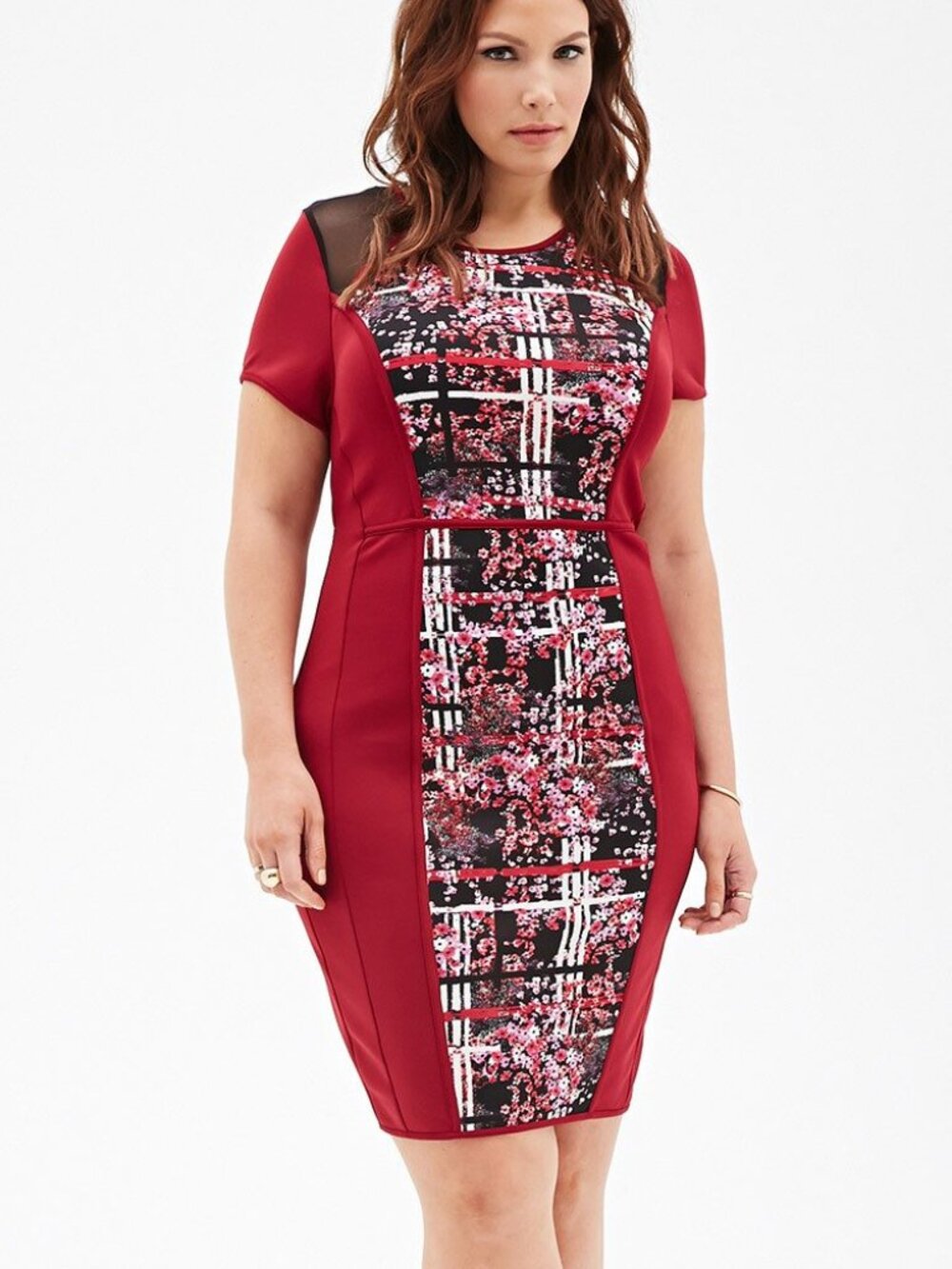 Forever 21 Plus Burgundy black Floral Mesh Windowpane Bodycon Dress XL1X